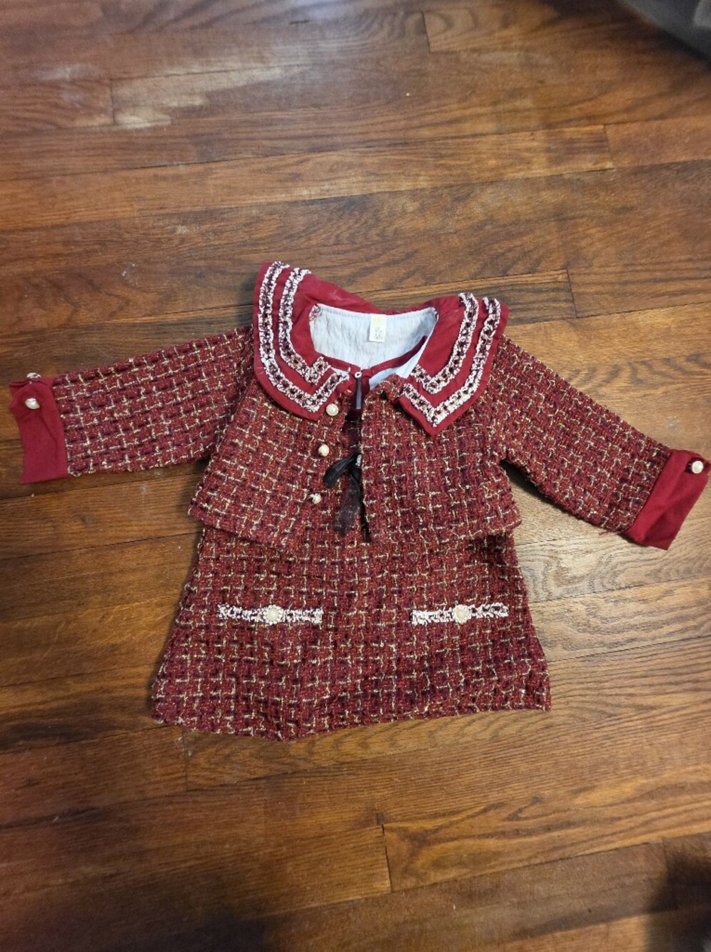 Red Tweed Pearl-Trim Jacket